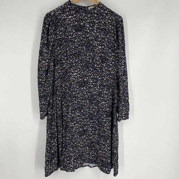 Loft Plus Dress Size 14 Womens Navy Floral Print Mock Neck Flare Puff Sleeve - Picture 1 of 8